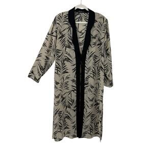 She's Line New York Chiffon Kimono Topper size 14 Beige Black Leaf Print Artsy